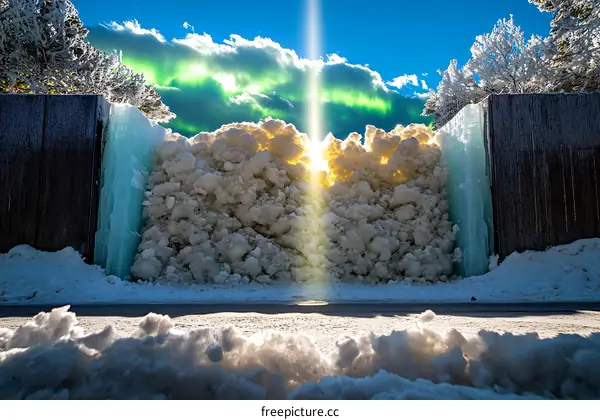 Snow Piled High In Winter Landscape With Light Beam