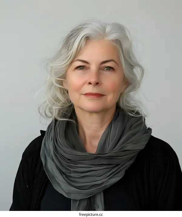 portrait of an elderly woman with gray hair and green eyes