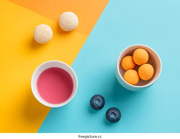 Flat Lay of Pink Drink Blueberries Orange Balls and White Cookies on Yellow and Blue Background