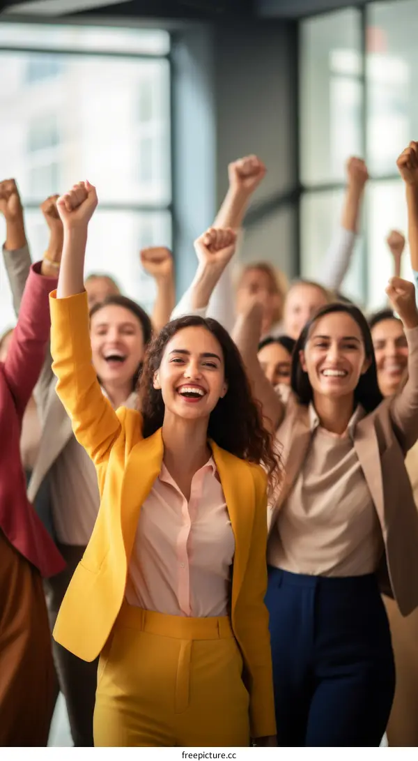 Group of diverse businesswomen celebrating success with arms raised in the air