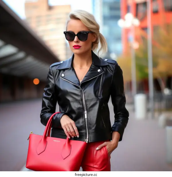Blonde woman in red leather pants and black leather jacket with red handbag