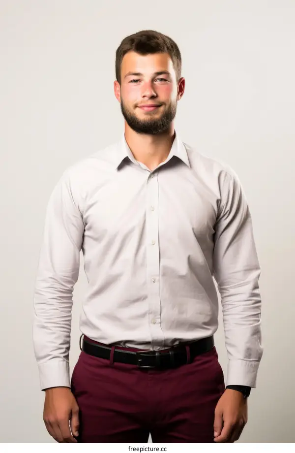 Young man with beard wearing dress shirt and maroon pants