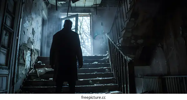 A Man Standing in a Dark Stairwell