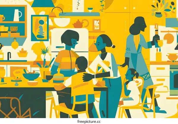 Family Gathering in a Yellow Kitchen