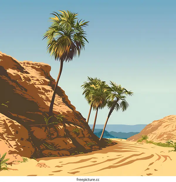 Palm Trees in Desert Canyon Landscape Illustration