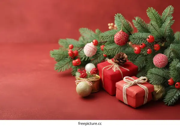 Christmas Decorations on a Red Background