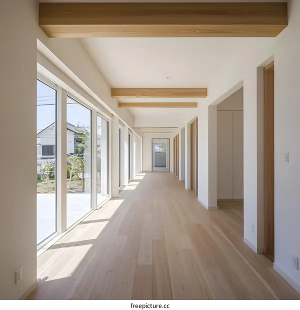 Modern Minimalist Interior Design of Long Corridor with Wooden Beams and Floor
