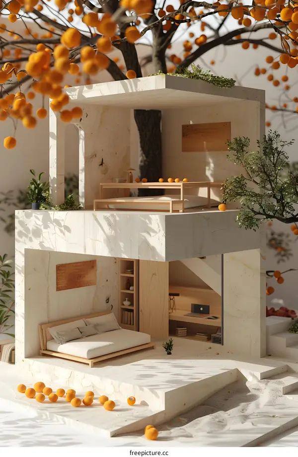 A cozy and bright house surrounded by orange trees