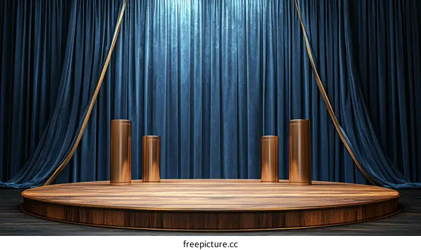 Elegant Wooden Stage with Blue Velvet Curtains
