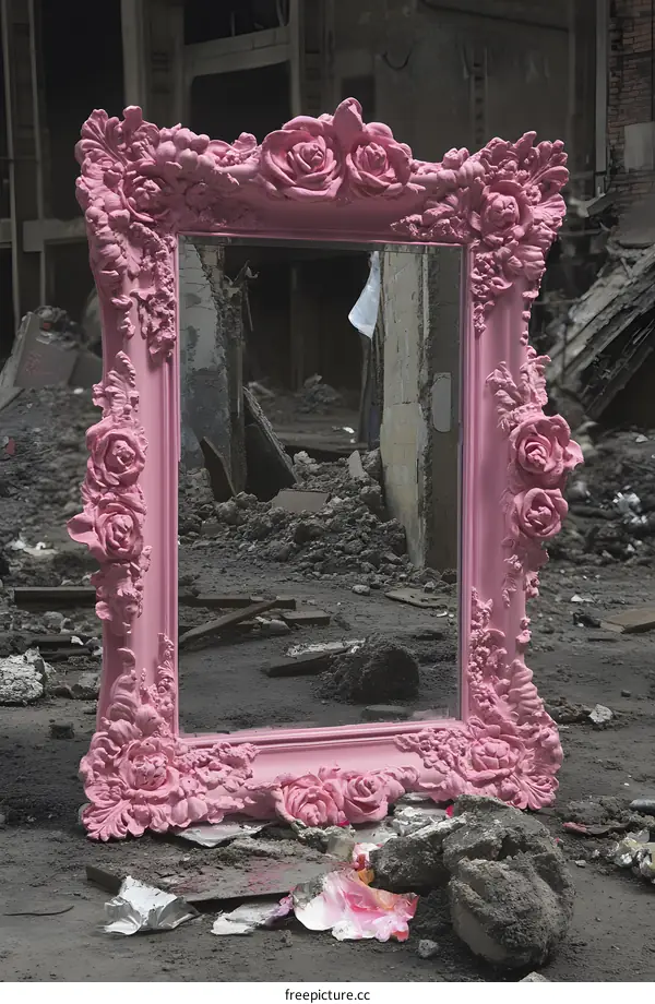 Pink Ornate Mirror Frame Abandoned in Ruins