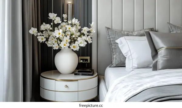 Elegant Bedroom Interior Design with Vase of Flowers