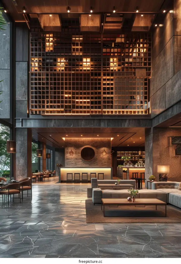 Modern Hotel Lobby with Wooden Lattice Design