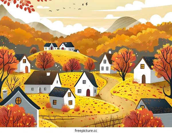 Autumn Village Houses In The Mountains