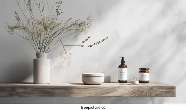 Dried Plants & Cosmetics on a Minimalist Wooden Shelf