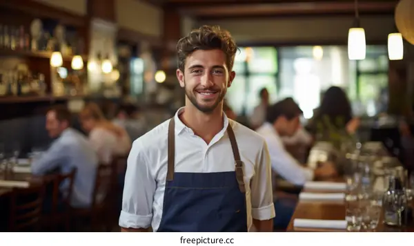 Portrait of a happy young waiter standing in a restaurant