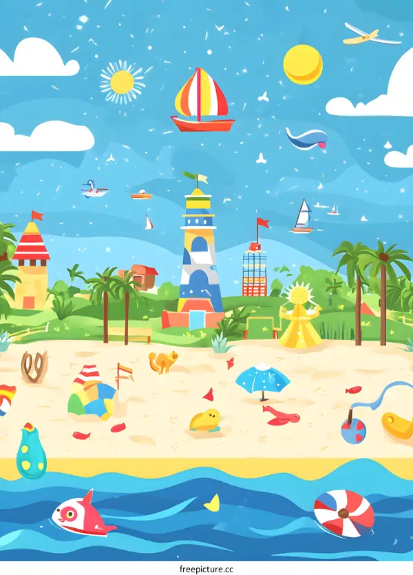 Summer Beach Illustration With Cute Cartoon Elements