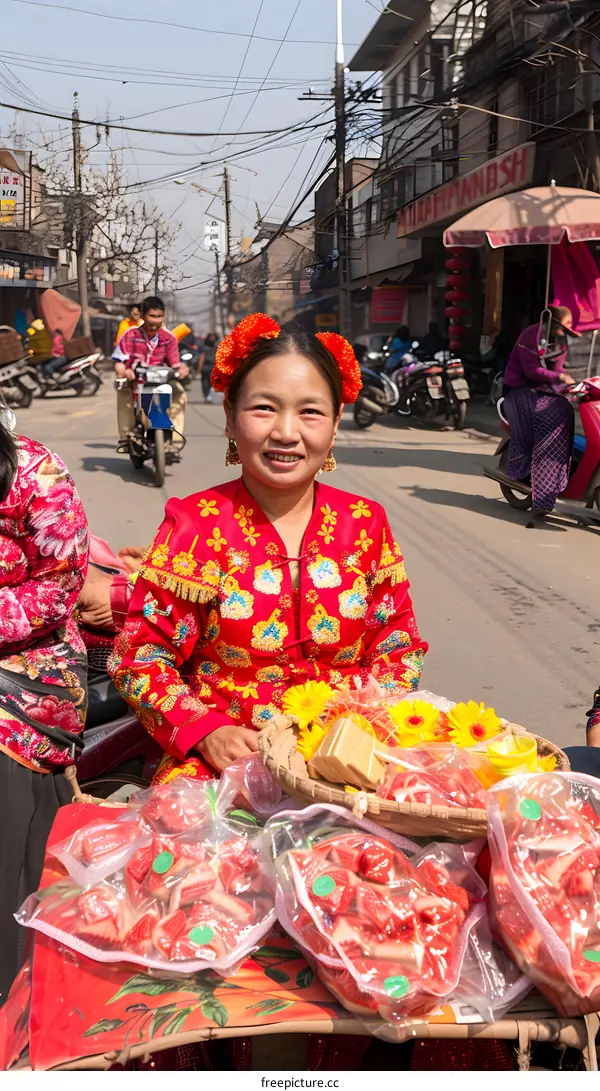 Woman Selling Fruit in Traditional Clothing in Asian Street