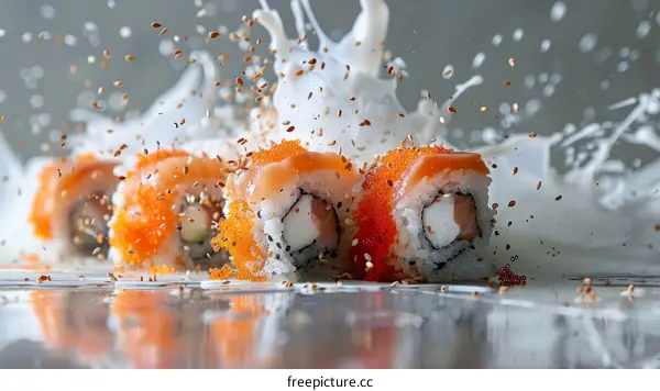 Sushi rolls with sesame seeds and chopsticks