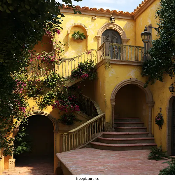 Yellow Spanish Style Courtyard With Flowers