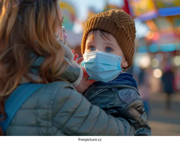 Mother and child wearing medical masks during coronavirus pandemic