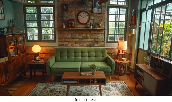 retro living room interior design with green sofa and brick wall