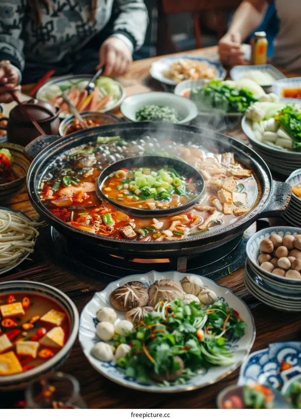A group of people sitting around a table eating a hot pot meal