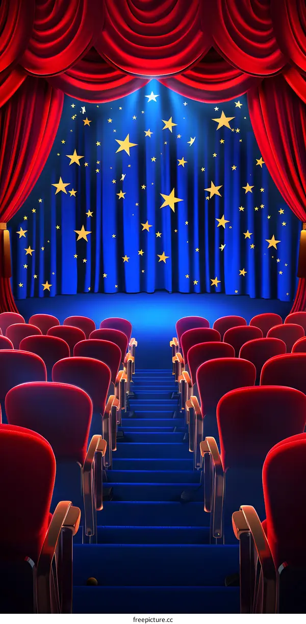 Empty Theater Seats with Red Curtains and Starry Sky