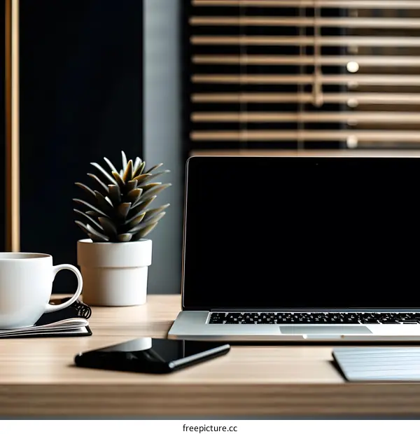 Minimalist Workplace Setup with Laptop, Coffee, and Plant