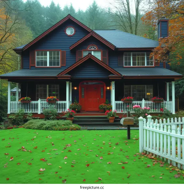 Charming Blue House with Red Door and White Picket Fence