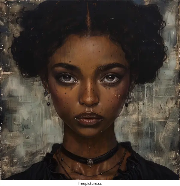 Portrait of a young woman with dark skin and curly hair