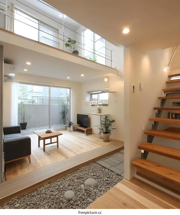 Modern Minimalist Interior Design with Wooden Flooring and Pebble Garden