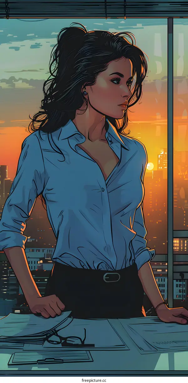 business woman in shirt standing in office looking out the window at sunset