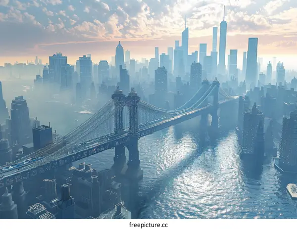 Aerial View of a Foggy Cityscape with Bridge