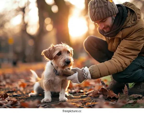 Man Kneeling Beside Dog in Autumn Park