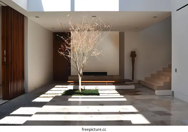 Minimalist Modern Home Interior Design with Small Tree and Natural Light