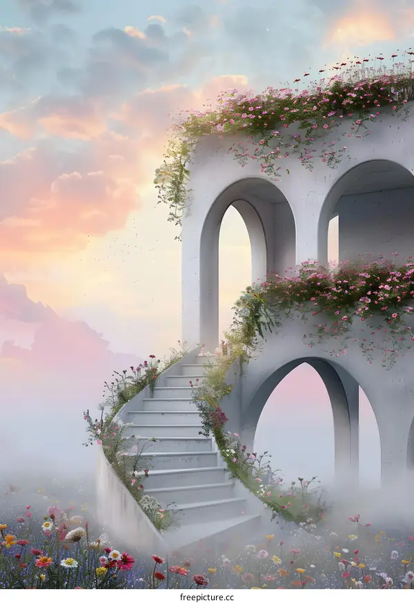 Stairway To Heaven With Flowers And Archway