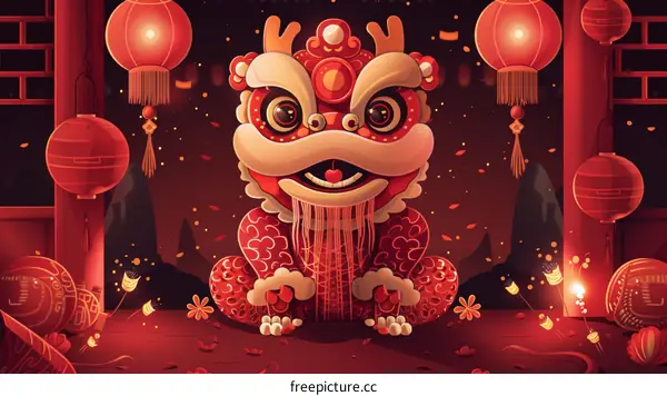 Red Golden Chinese Lion Dance Performance