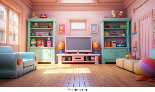 A cozy living room with a TV, bookshelves, and a sofa