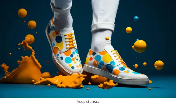 A person wearing colorful shoes is stepping in yellow paint