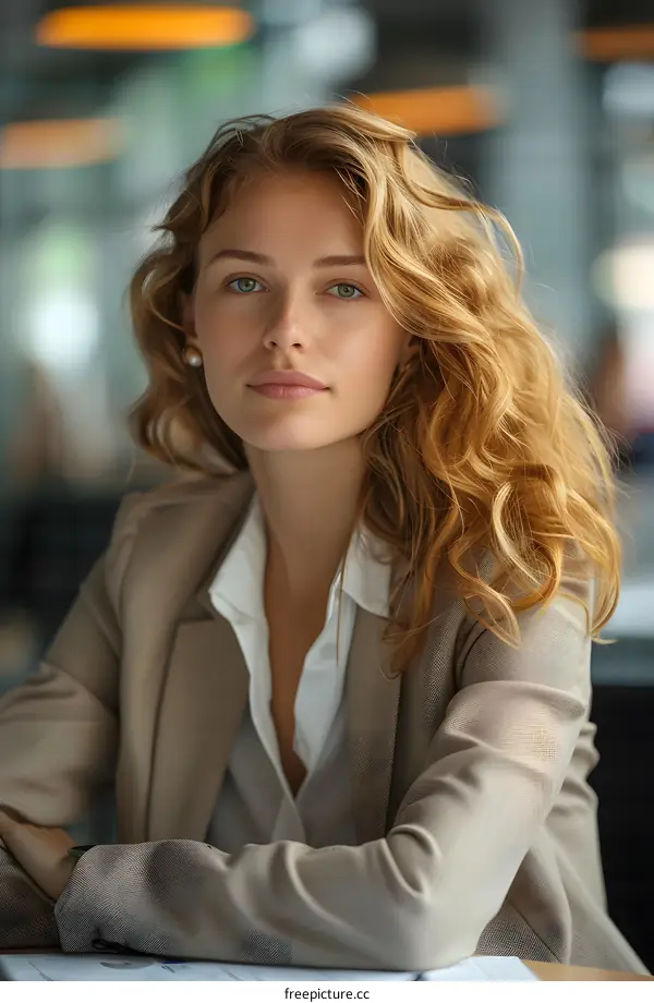 portrait of a beautiful young woman with long blond hair wearing a white shirt and brown suit jacket