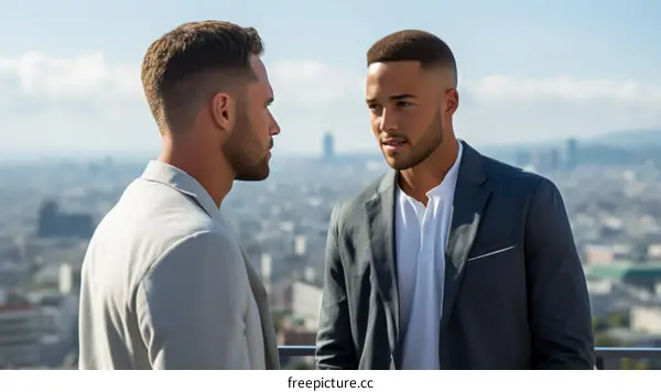 Two men in suits talking on a rooftop