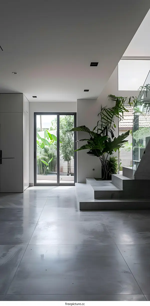Modern Home Interior with Glass Sliding Doors and Stairs