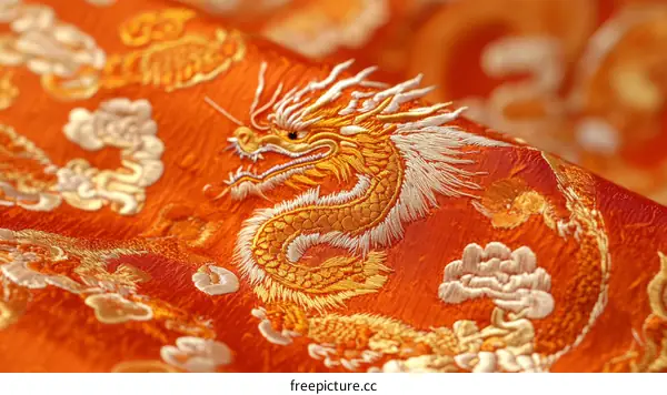 Chinese Embroidery Dragon Pattern on Orange Fabric