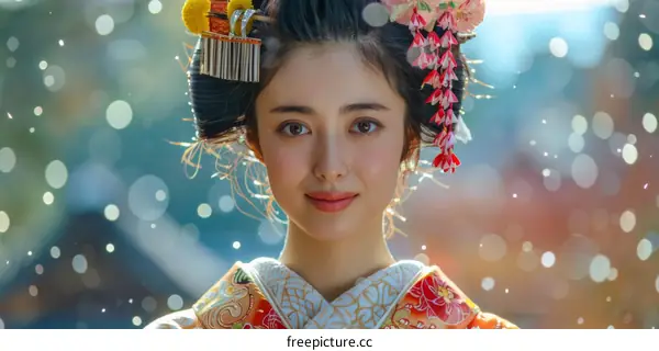 beautiful asian woman wearing traditional japanese kimono
