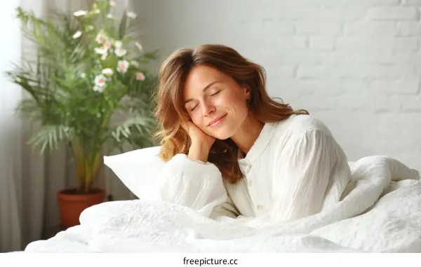 Woman Relaxing in a White Bed