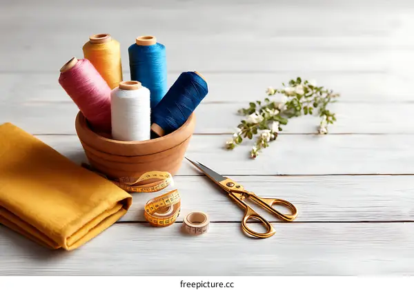 Colorful Sewing Threads and Fabric