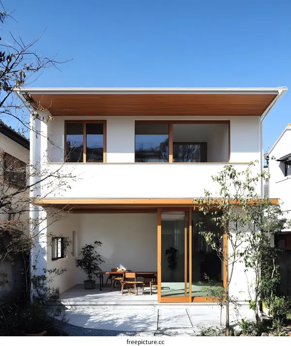 Modern White House with Wooden Details and Patio
