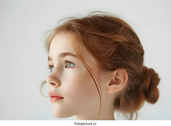 portrait of a young girl with freckles and green eyes