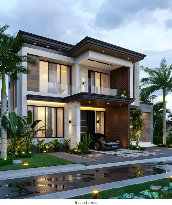 Modern Two Story House Exterior Design With Green Landscaping