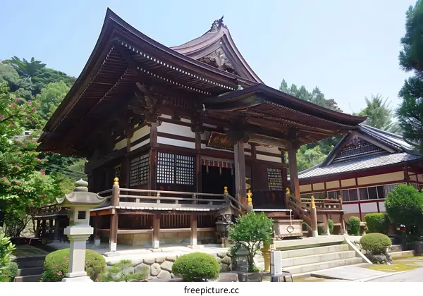 Japanese temple with traditional architecture and lush green surroundings